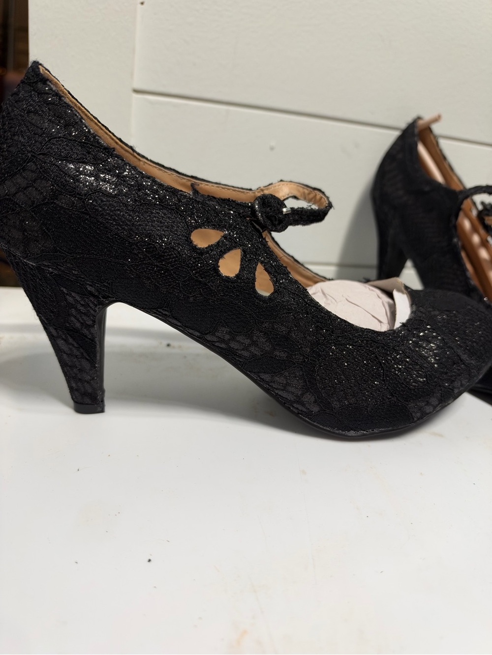 Chase + Chloe Black Lace Glitter Mary Jane Heels
